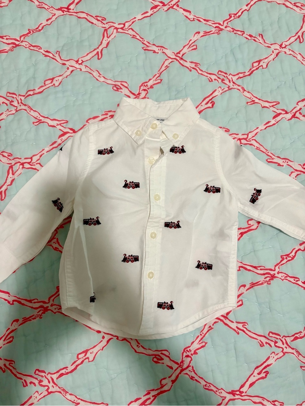 Janie and Jack White Button-Down Shirt with Embroidered Trains